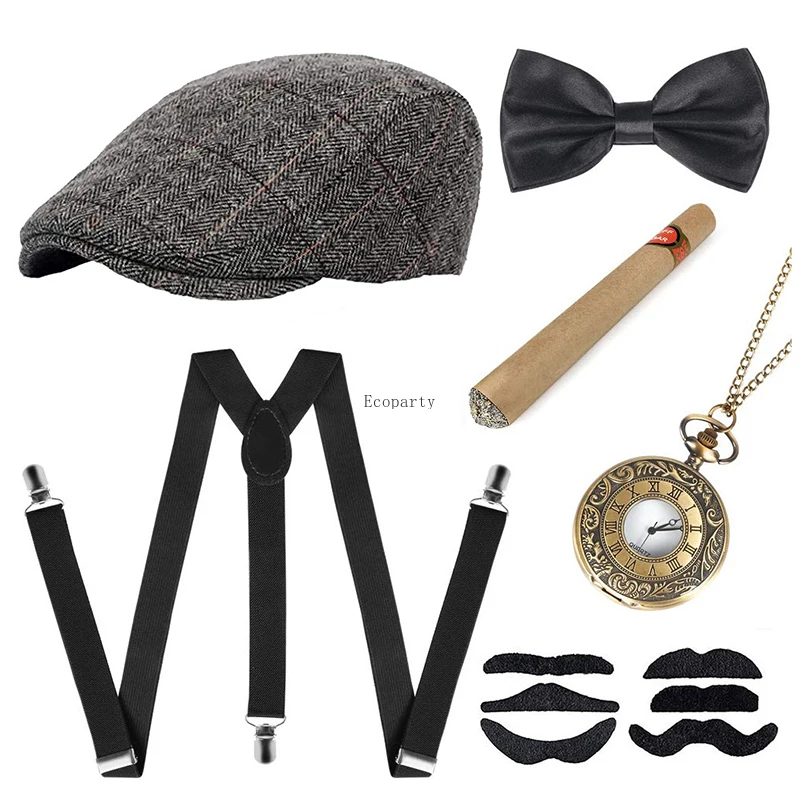 Ecoparty 1920s męskie wielkie Gatsby zestaw akcesoriów 6 sztuk czarny biały szary niebieski ryczący 20s 30s Retro Gangster kostium krawat kapelusz