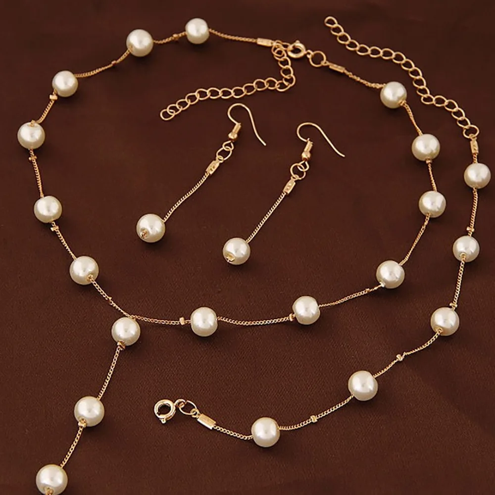 Three Piece Imitation Pearl Set, Layered Necklace, Drop Earrings and Bracelet - Image 2