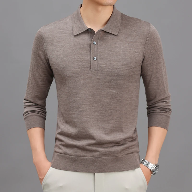 

Мужские поло из 100% мериносовой шерсти: классические вязаные джемперы с отложным воротником, длинным рукавом, из тончайшей шерсти, для осени и весны