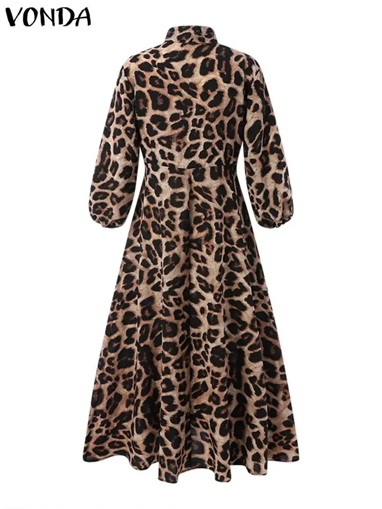 Elegant Dress Bohemian Women Leopard Print Dress VONDA 2023 Long Lantern Sleeve Loose V Neck Casual Party Robe Femme