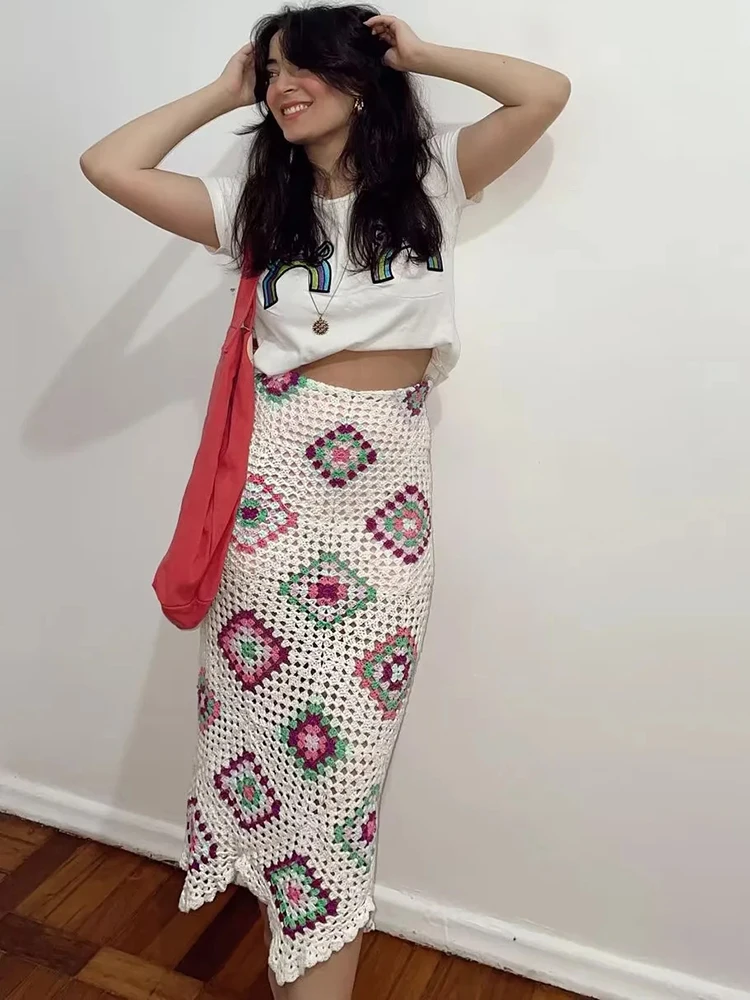 Gypsylady Vintage Boho Crochet Midi Skirts Handmade White Drawstring Waist Summer Women Skirts Sexy Chic Ladies Beachwear Faldas