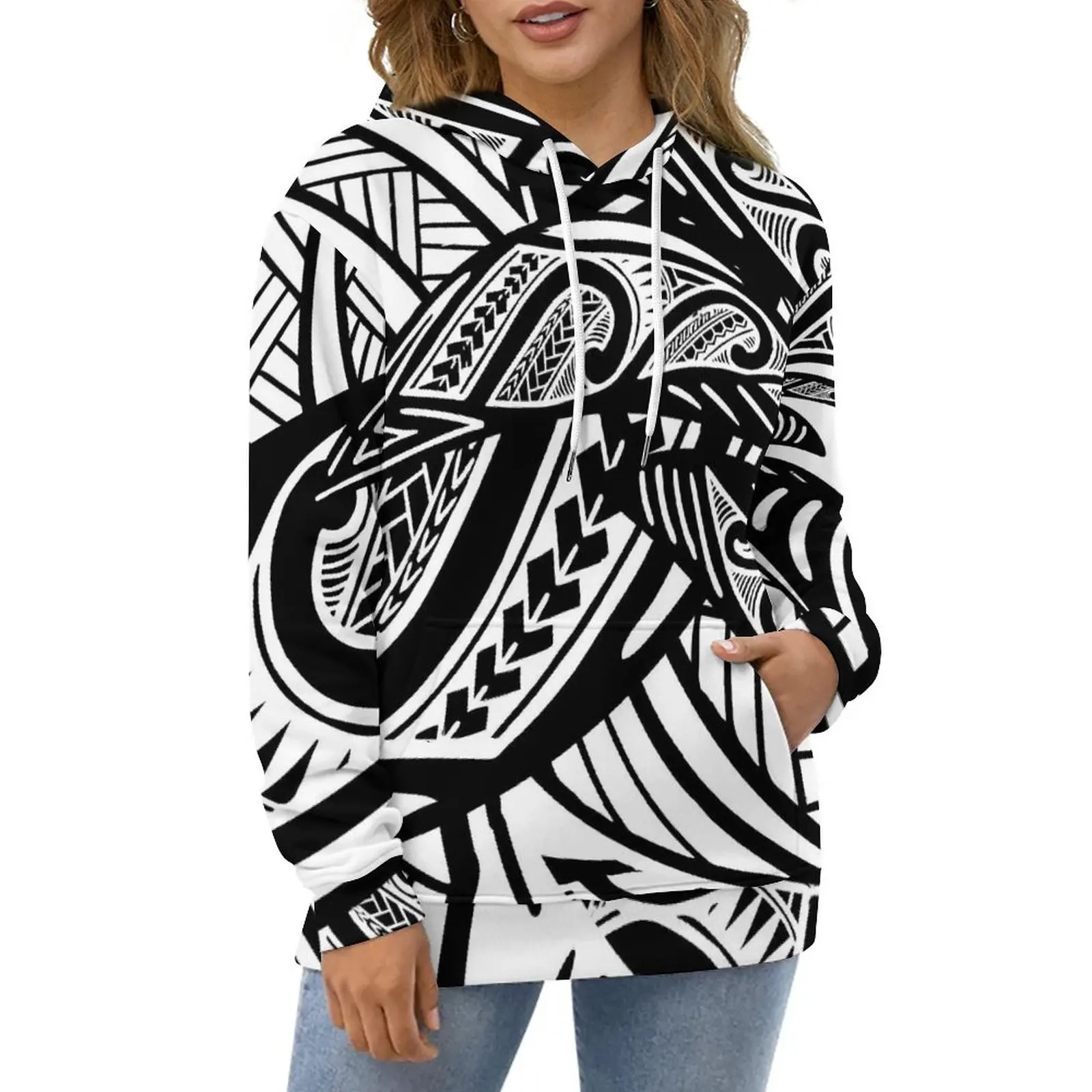 

Retro Tribal Print Hoodies Black And White Hip Hop Oversized Hoodie Couple Long-Sleeve Aesthetic Design Casual Sweatshirts