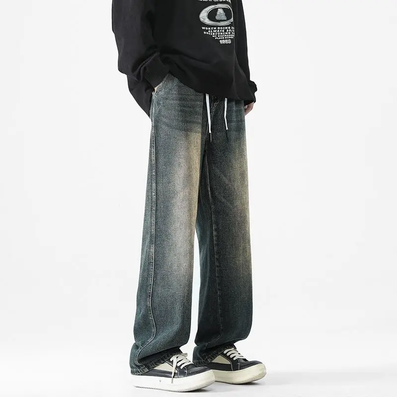 Men's Loose Jeans Washed Spring And Autumn Pants Straight Tube Loose Trendy High Street Casual Wide Leg Retro Blue Pants