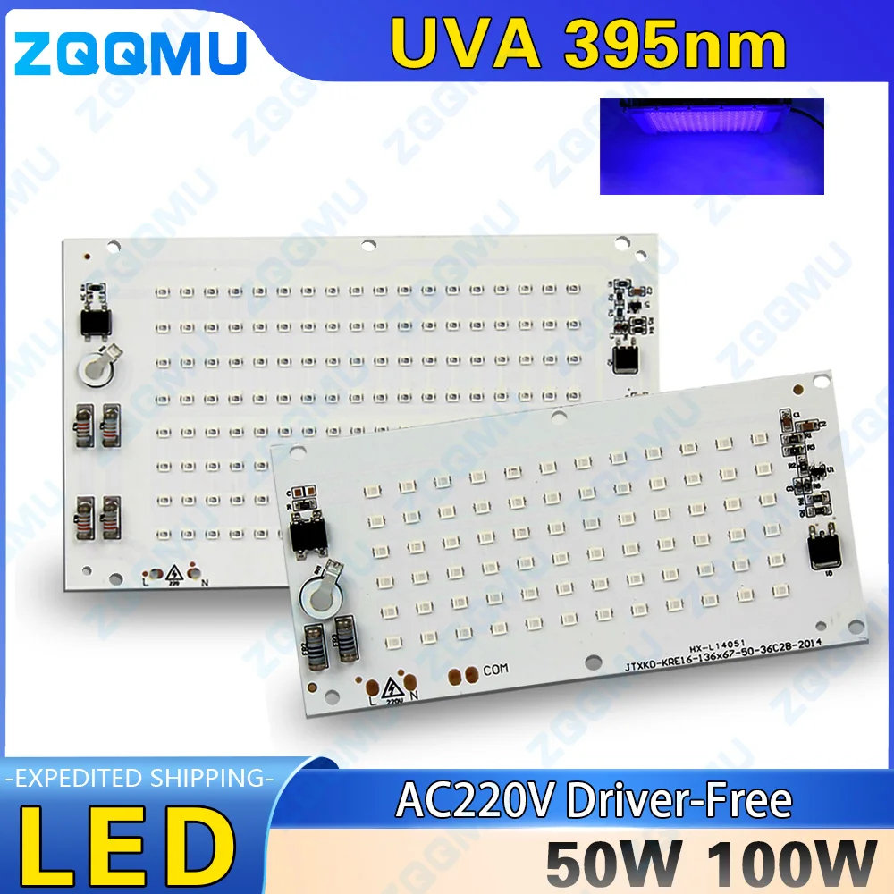 50W 100W UVA UV 395nm LED Purple Light Source Board Driver Free Linear High Voltage UV Lamp Bead for Curing Adhesive Resin Spot