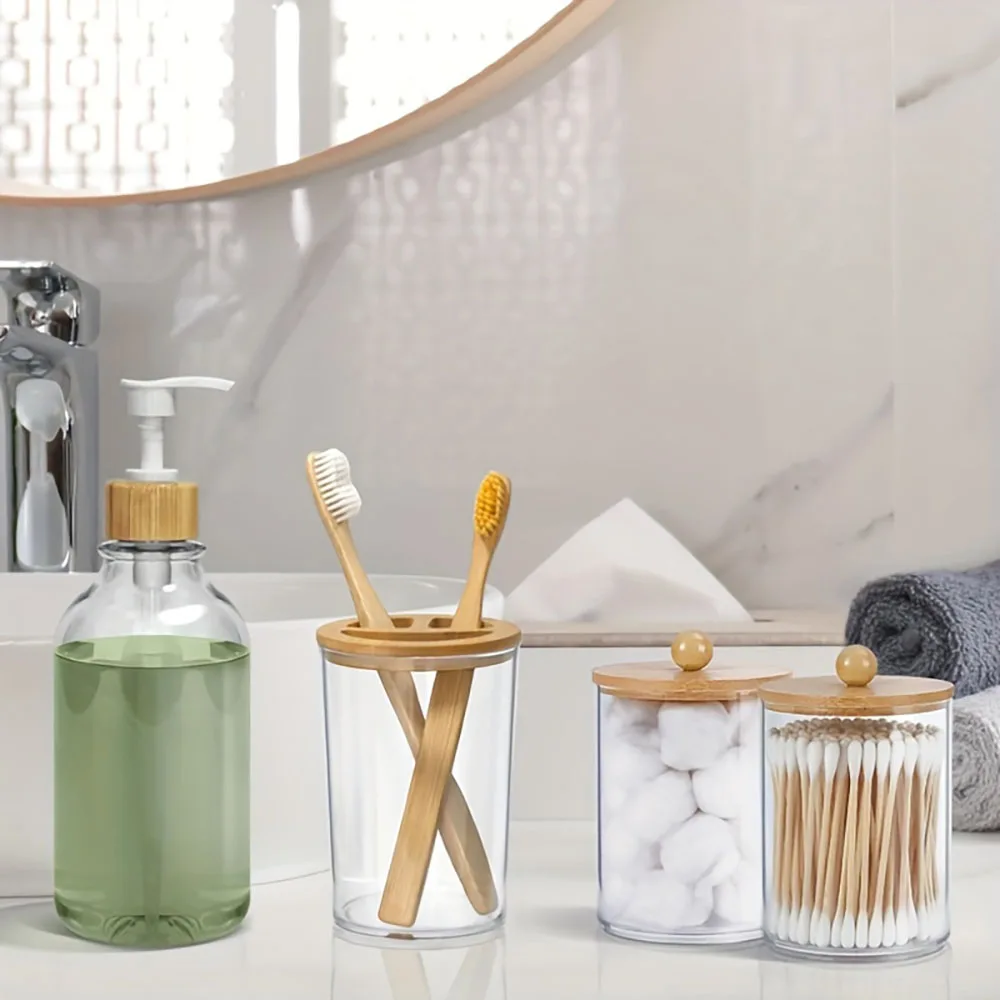 4pcs Bamboo Bathroom Accessories Set - Rustic Boho Decor, Soap Dispenser, Toothbrush Holder, 2 Cotton Swab Holder Jars