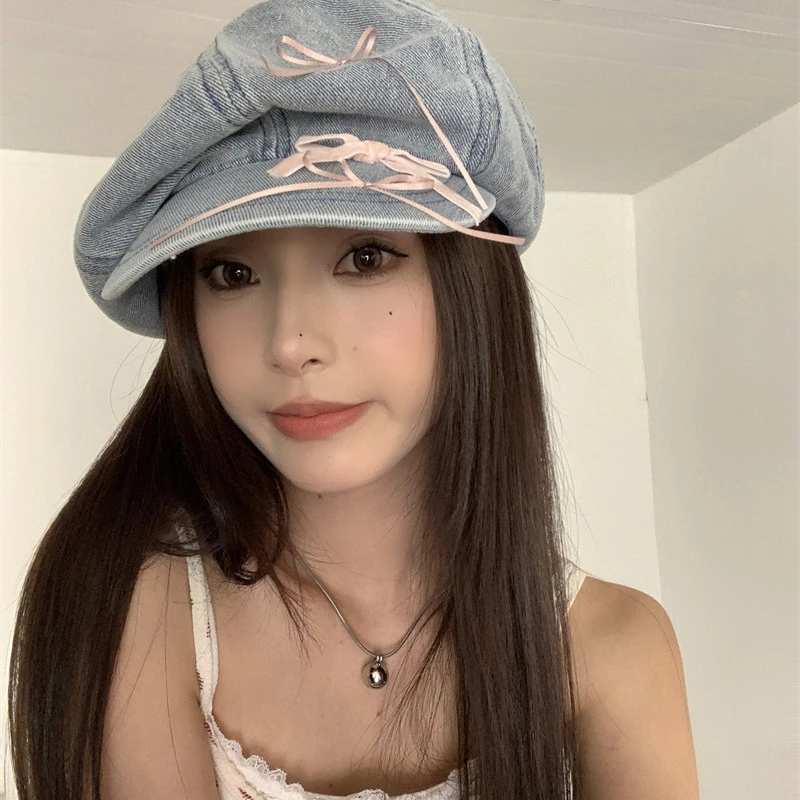 Ladies' Berets Korean Denim Bow Cute Sweet Kawaii Simple Verstaile Newsboy Caps High-quality Luxury Brand Artist Hats For Girl