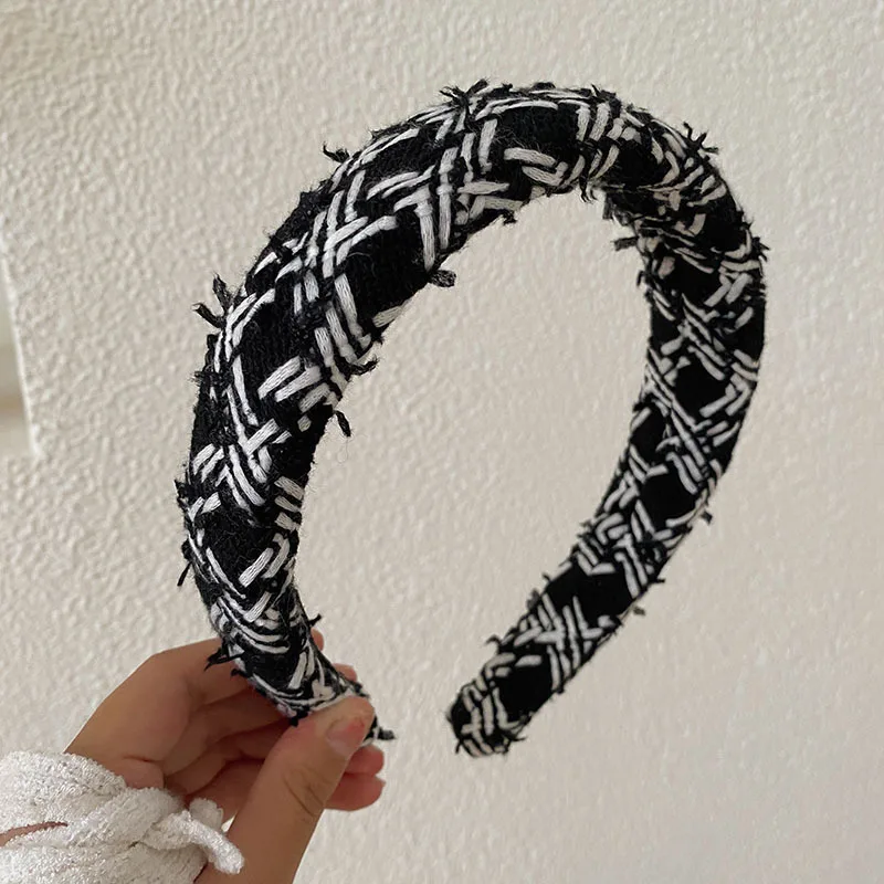 High-end Handmade Camellia Padded Hair Accessories Women Headband Hair Hoops 2024 New France Luxury Brand Striped Plaid Hairband