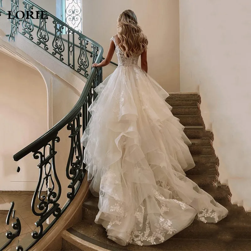 LORIE Boho Lace Wedding Dresses A Line Sleeveless Tiered Appliqued Lace Wedding Gown Floor Length Wedding Gowns 2023