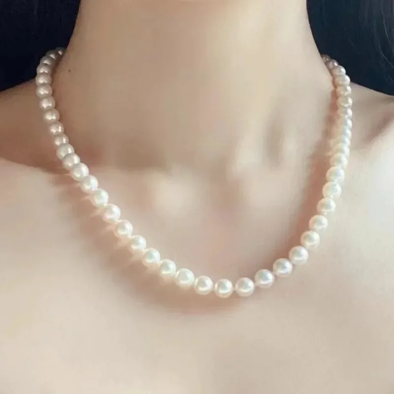 

Charming 8-9mm Natural Sea White Round Pearls Necklace Free Shipping for Women Jewelry Gift for Women 925 Sterling Silver