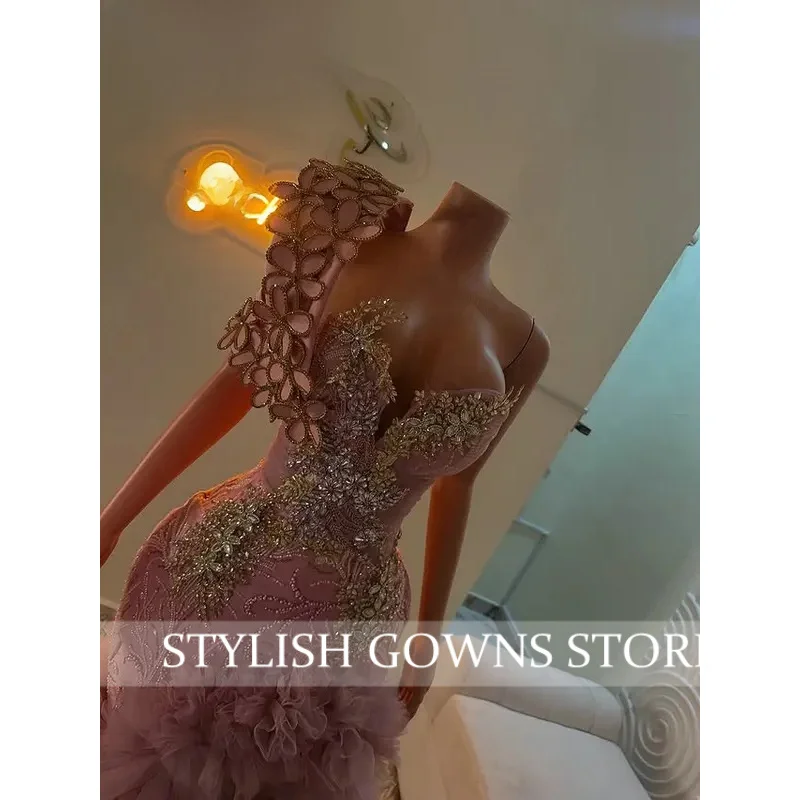 Pink Long Prom Dresses with Side Slit Luxury Mermaid Black Girls 3D Flowers Beaded Rufflues African Evening Gowns Customized