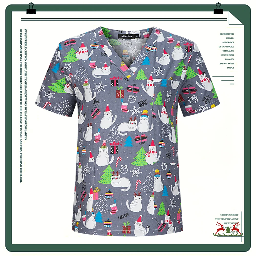 Camisas navideñas para el cuidado de mascotas, Tops de manga corta para mujer, uniforme de enfermería, cuello en V, monos médicos, blusa de bolsillo