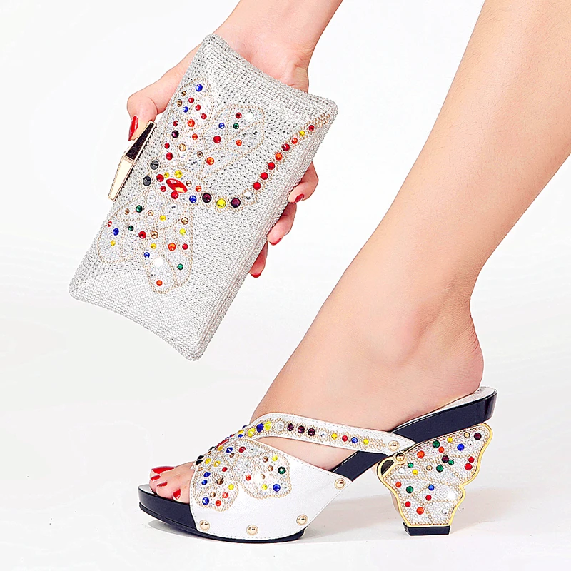 The latest unique rhinestone dragonfly clutch high-heeled slippers diamond large size shoes size 38-44 women\'s shoe bag suit