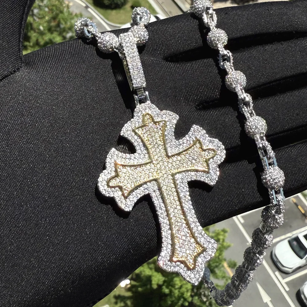 

New Iced Out Bling Two Tone Color Cross Pendant Solid 7mm Round Bead Necklace Hip Hop Full Cubic Zirconia Men's Rock Jewelry