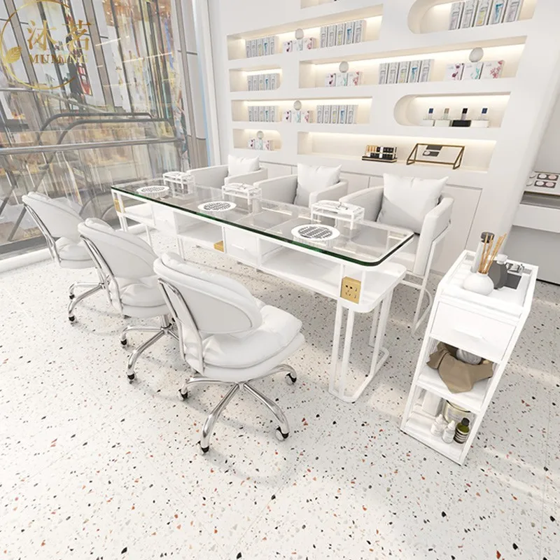 طاولة أظافر زجاجية محمولة متعددة الوظائف بتصميم أوروبي مع أثاث صالون ميسا الاحترافي للتخزين #2