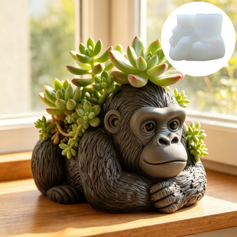 

Lying nest gorilla succulent plant flowerpot resin silicone mold cute gorilla storage box candle cup gypsum molds Christmas gift