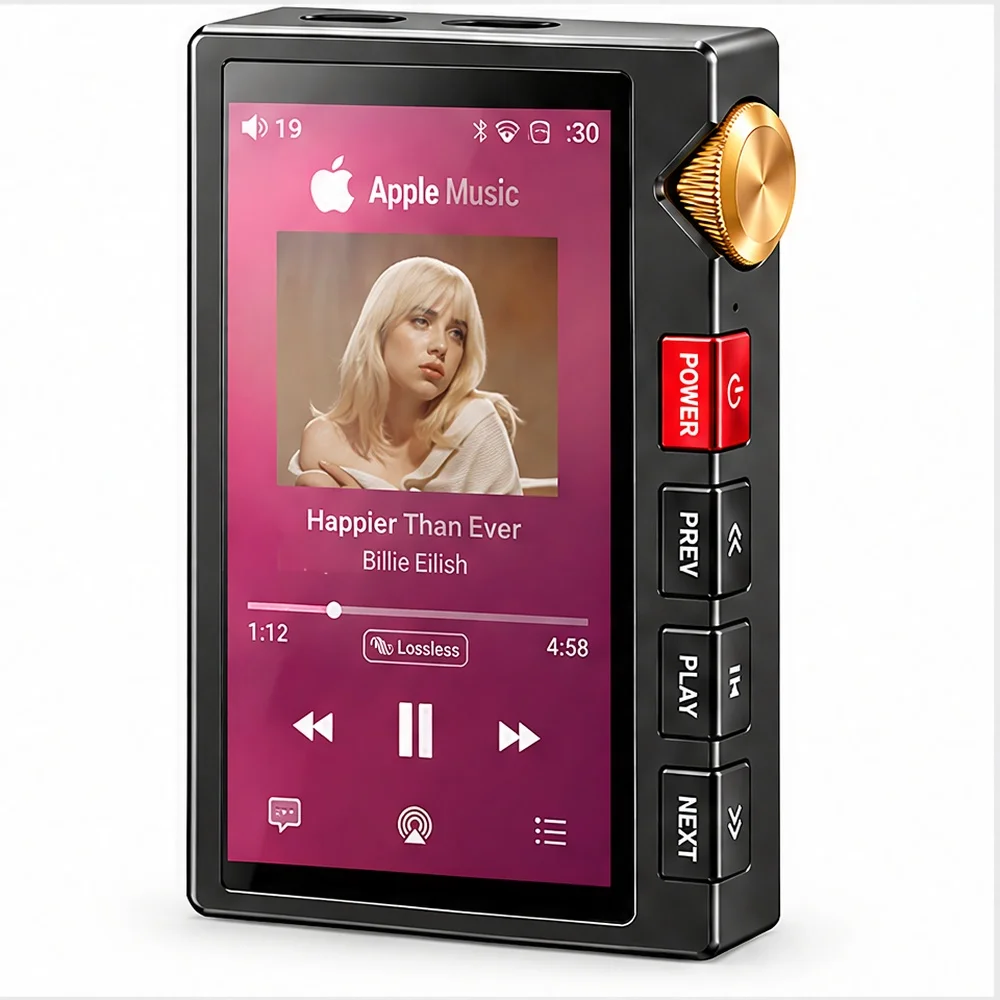Daily Commuter HiFi Player with 4.4mm Balanced 500mW Output, Drives Over Ear Headphones on Noisy Trains, DSD512 FLAC, Android 12