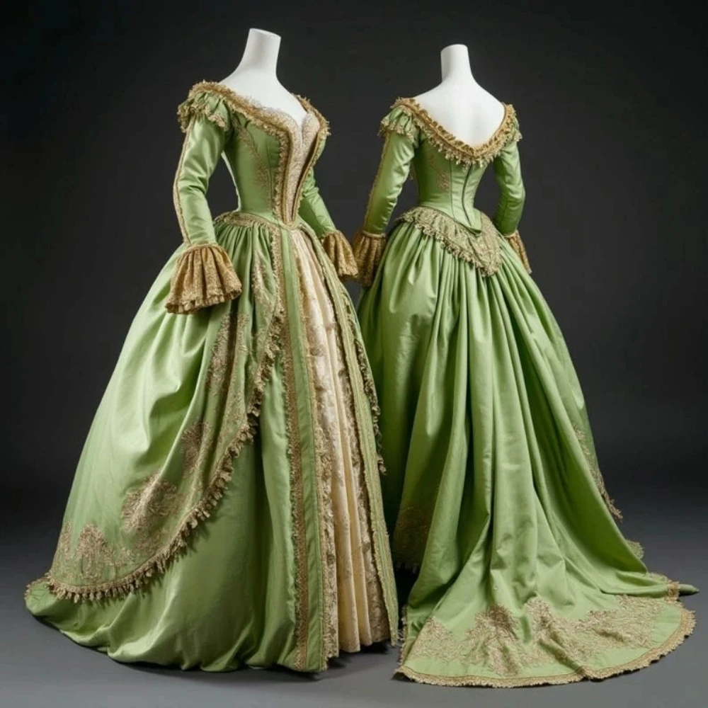 ชุดราตรีงานพรอมสีเขียวสไตล์วินเทจยุคกลางแบบวิคตอเรียน แขนยาว ยาวกรอมพื้น สำหรับงานปาร์ตี้หรืองานแต่งงาน  สามารถสั่งตัดได้