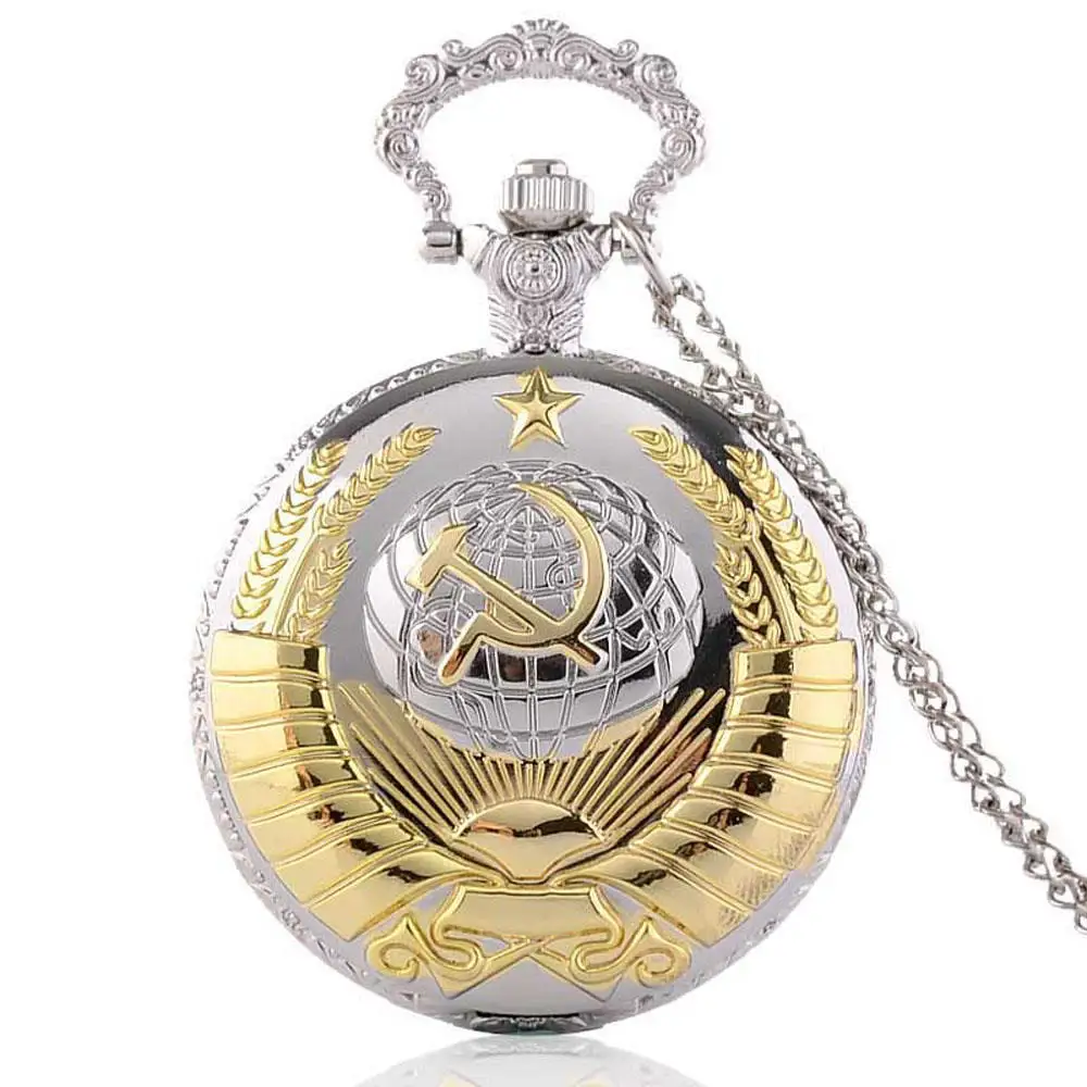 Vintage USSR Soviet Badges Sickle Hammer Pocket Watch Necklace Bronze Pendant Chain Quartz Clock Fashion Emblem Women Men Gift