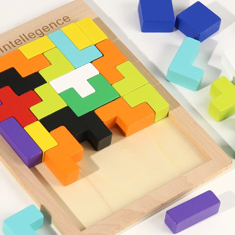 Wooden 3D Puzzles Blocks Brain Teasers Toy Tangram Colorful Jigsaw Game Preschool Educational Gift For Baby Toddlers Kids