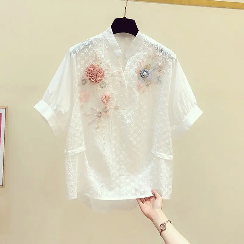 Cotton Short Sleeve White Shirt Blouse Women\'s 2023 Summer Art Embroidery Flower V-Neck Loose Top