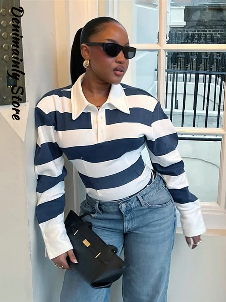 Street Women's Striped Waist Cinched T-shirt Slim Polo Collar Buttons Full Sleeve Female Top 2026 Autumn Lady All-match Tops New
