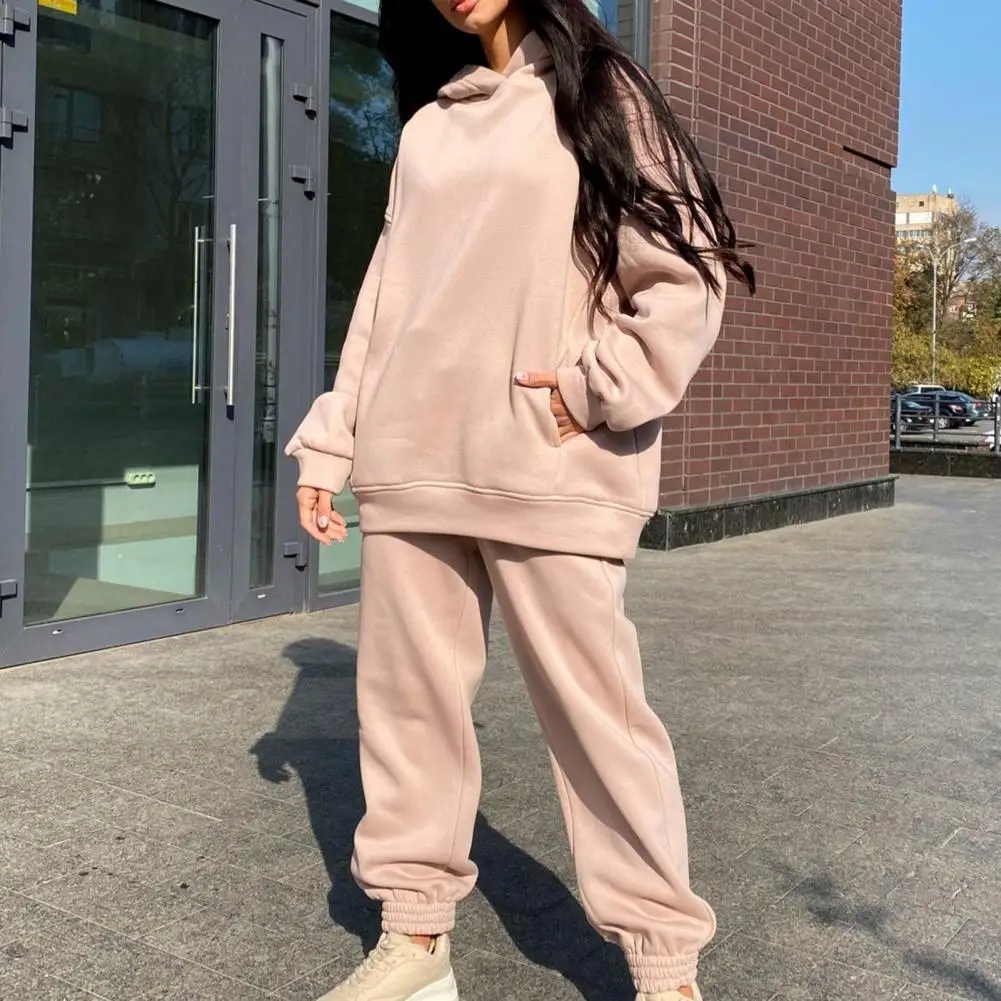 Simple Cold Resistant Solid Color Thick Hoodie Pants Set Shrinkable Hem Two Piece Casual Tracksuit for Daily Wear