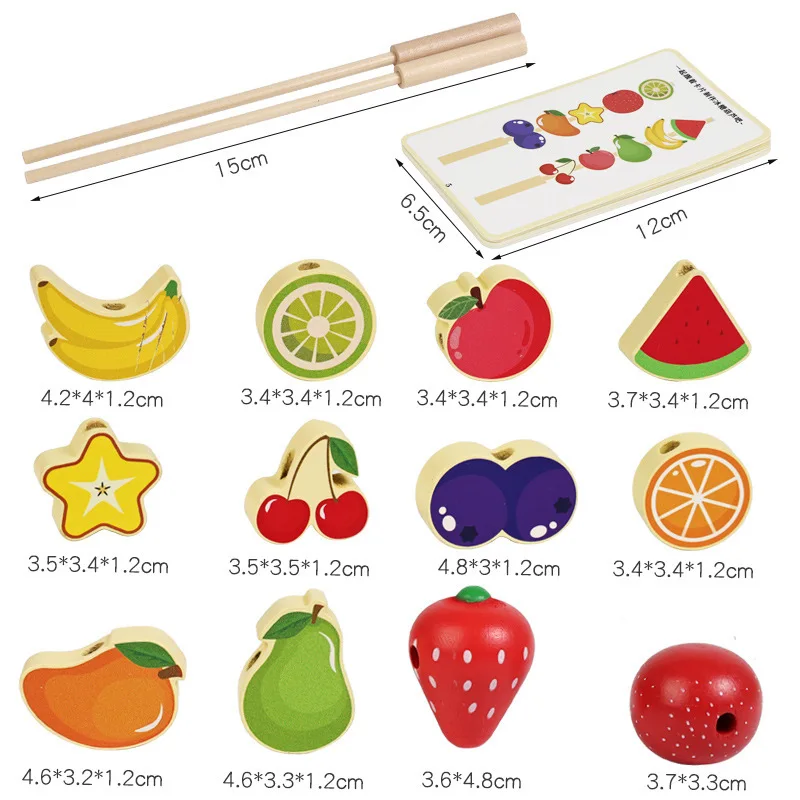 Montessori Wooden Fruit Skewer Stringing Toy, Pretend Play Food Set, Color Sorting Educational Game for Kids Early Learning