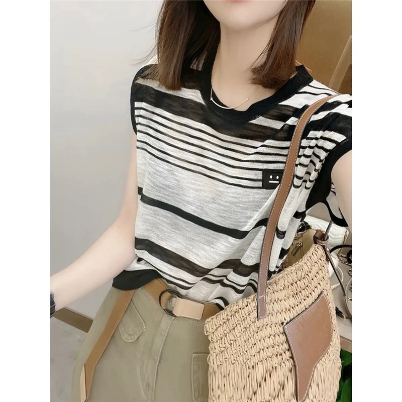 Women Striped Print Appliques Simple Casual Comfortable Ice Silk Knit T Shirt Summer Trendy Short Sleeve Y2K Tops Ropa De Mujer