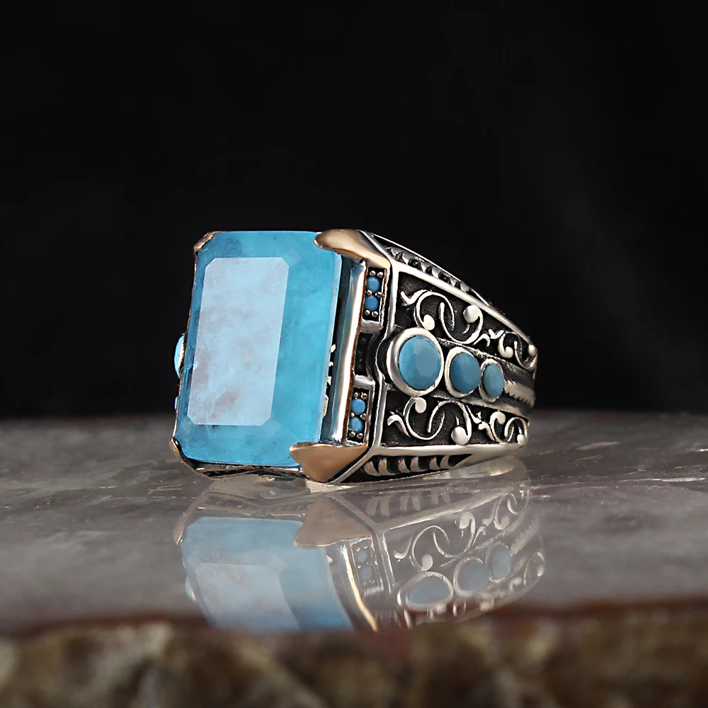 Men's Ring Blue Custom Cut Pariba 925 Sterling Silver Ring For Men