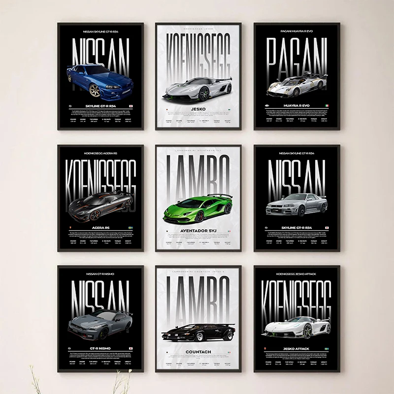 Classic Modern Luxury Sports Car Nissan Pagani Koenigsegg Retro Poster Wall Art Picture Canvas Painting bedroom Home decoration