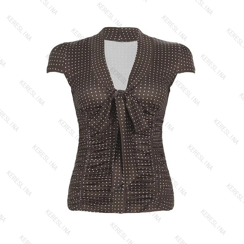 Camicia estiva europea e americana sexy slim fit con scollo a V maculato top vintage high street dolce piccante camicia femminile stile ragazza