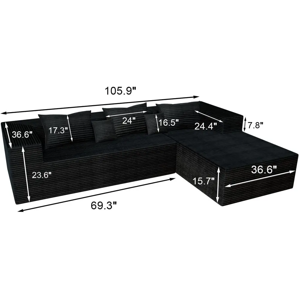 L-Shaped Deep Seated Cloud Couch with Corduroy Fabric and Memory Foam, Living/Bedroom Use, Ready to Use (Black) image 3