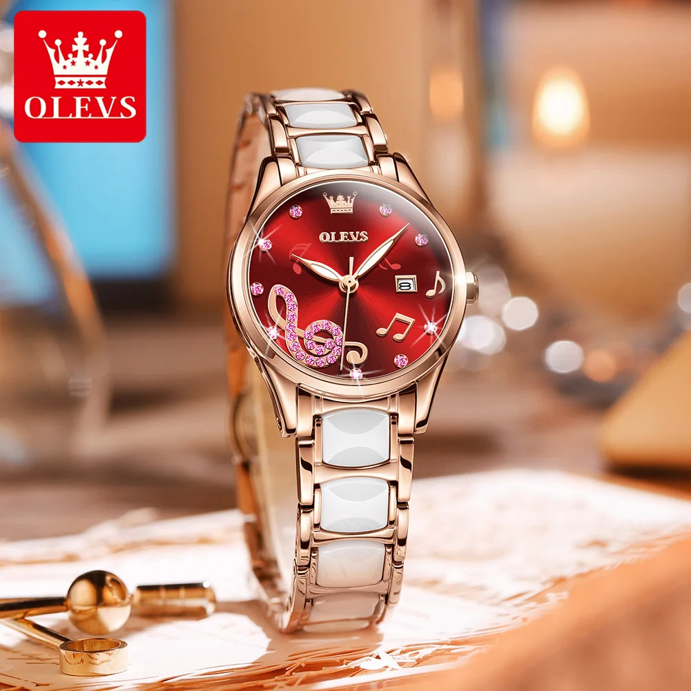 OLEVS 3605 Ceramic Strap Japan Quartz Women Wristwatch, Ceramics Luxury Fashion Waterproof Watch For Women Luminous Calendar