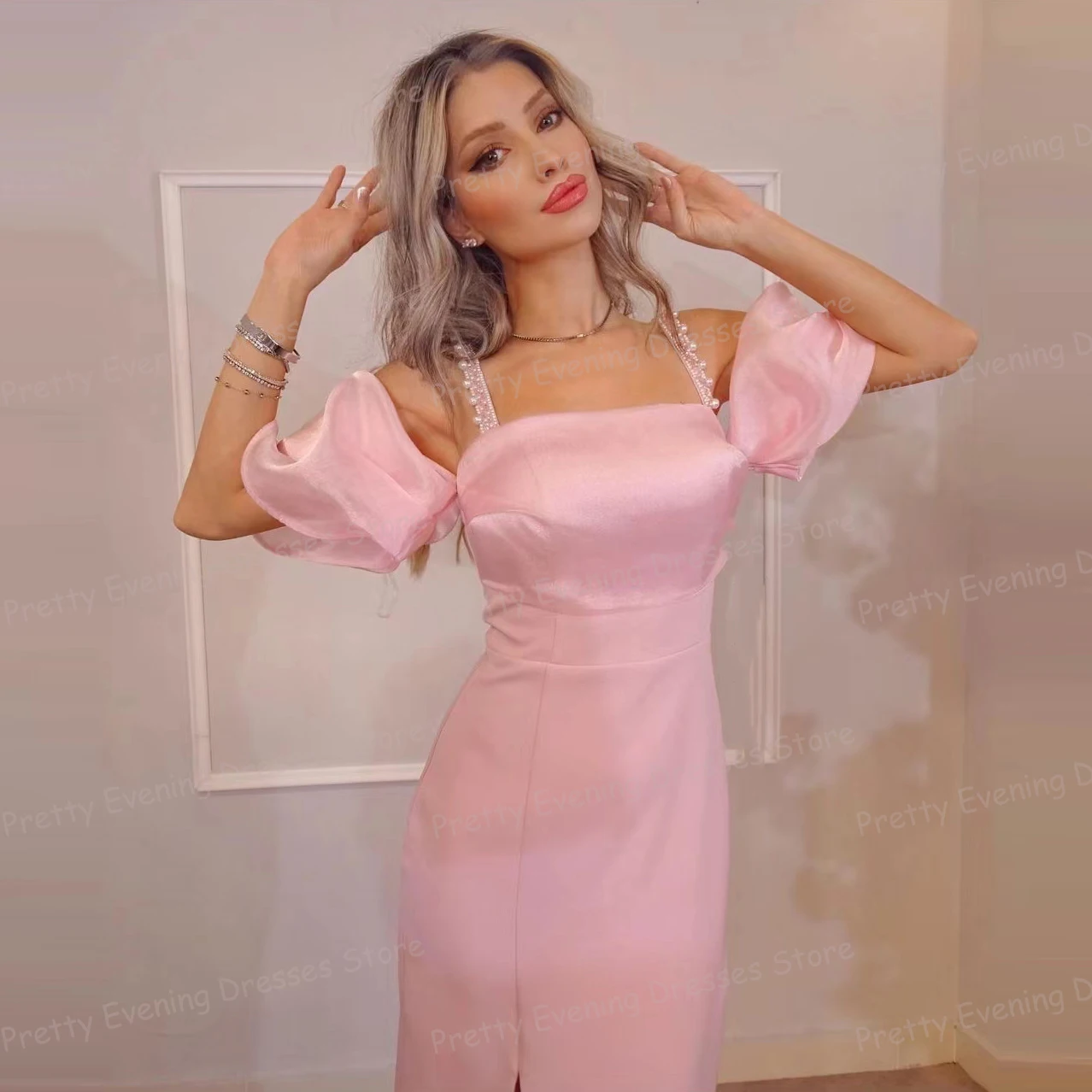 Candy Color Evening Dresses Woman's A Line Off The Shoulder Sexy Strapless Split Backless Prom Growns Formal Elegant Satin Party