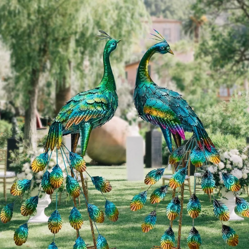 

Metal Peacock Sculptures - Set of 2 Outdoor Garden Yard Art, Durable Weather-Resistant Lawn Statues, Hand-Painted, 30.7