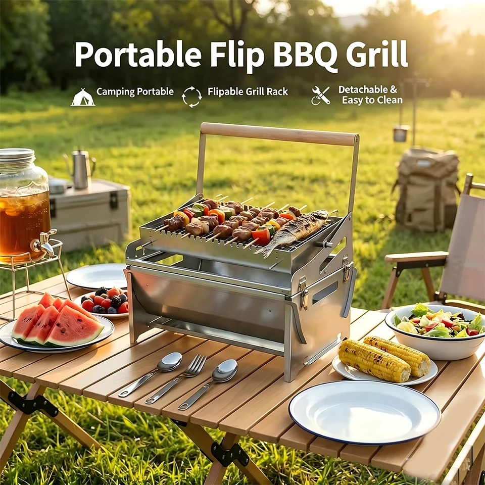 

Portable 360° Foldable Flip Rotating Charcoal Grill Stainless Steel Removable Barbecue Net BBQ for Camping Beach Outdoor Cooking