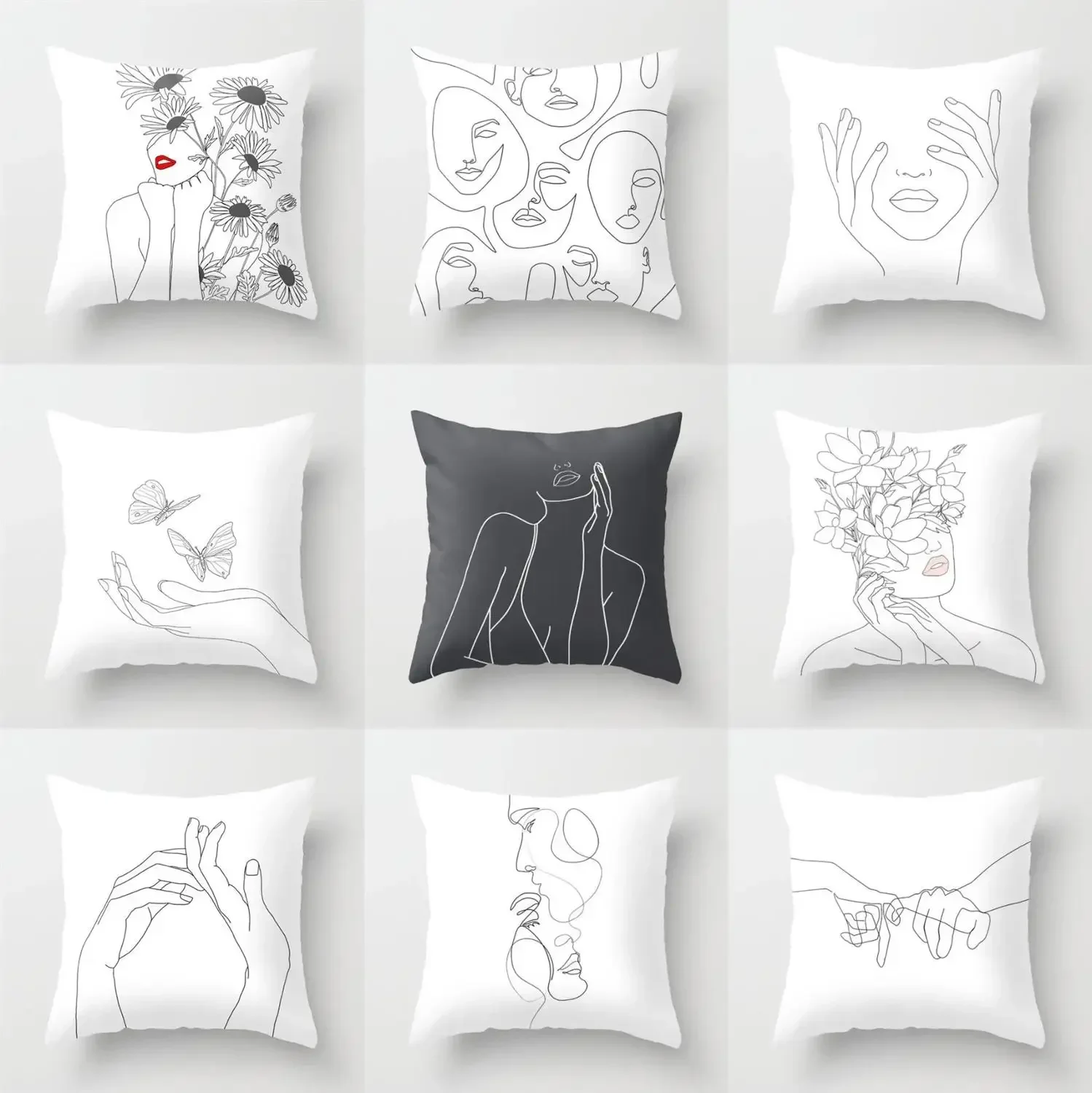 Modern Nordic Cushion Cover Sofa Decor Pillow White   Abstract Line Portrait Sketch Polyester Print