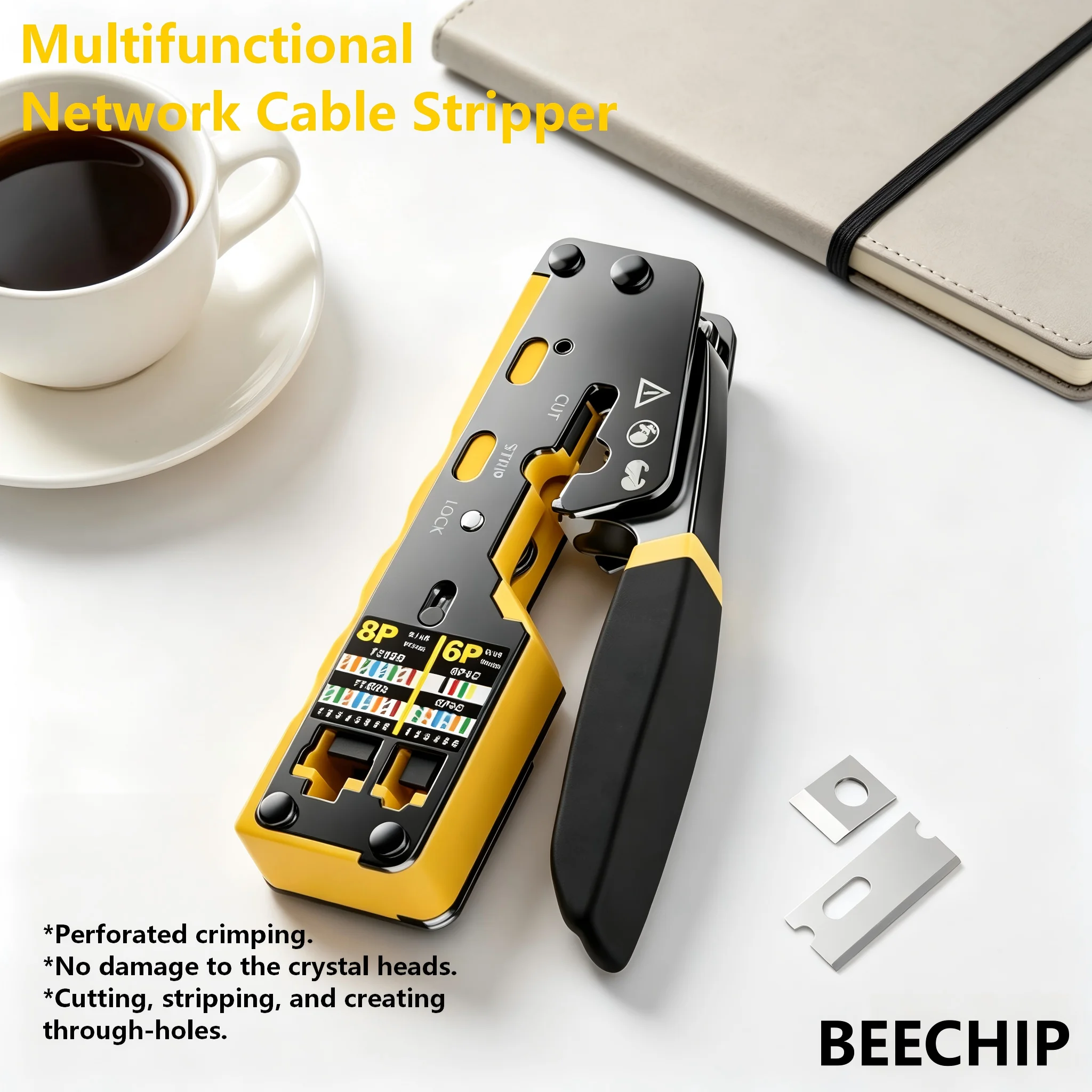 RJ45 Crimp Tool Pass Through Ethernet Crimping Tool for Cat6 Cat5 Cat5e RJ45 Connectors with Replacement Blade