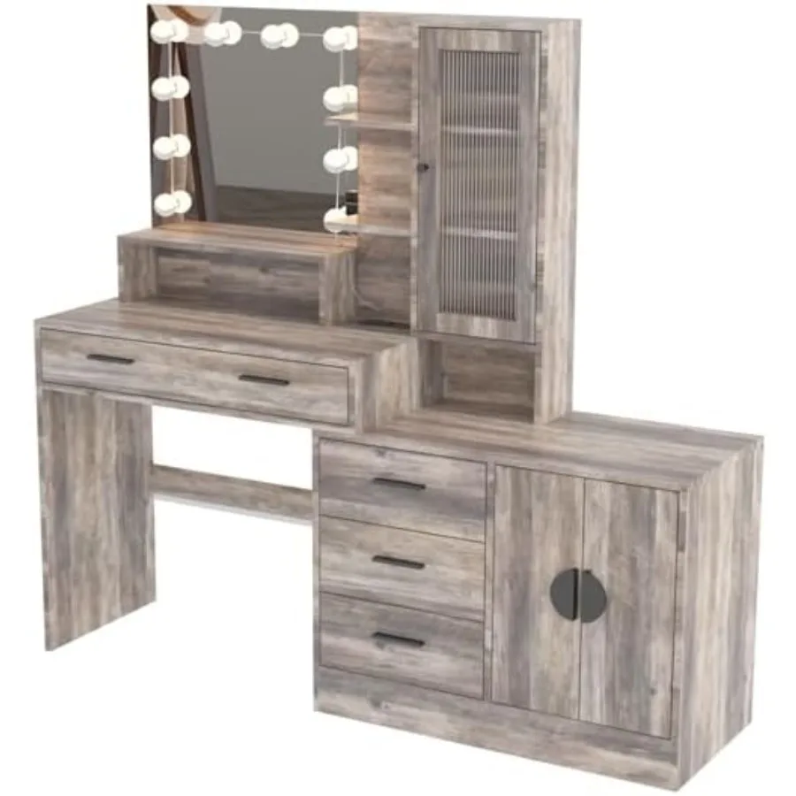 

Vanity with Lights, Vanity Table with Charging Station, Vanity Desk with Mirror and 10 LED Light Bulbs, Makeup Tabl