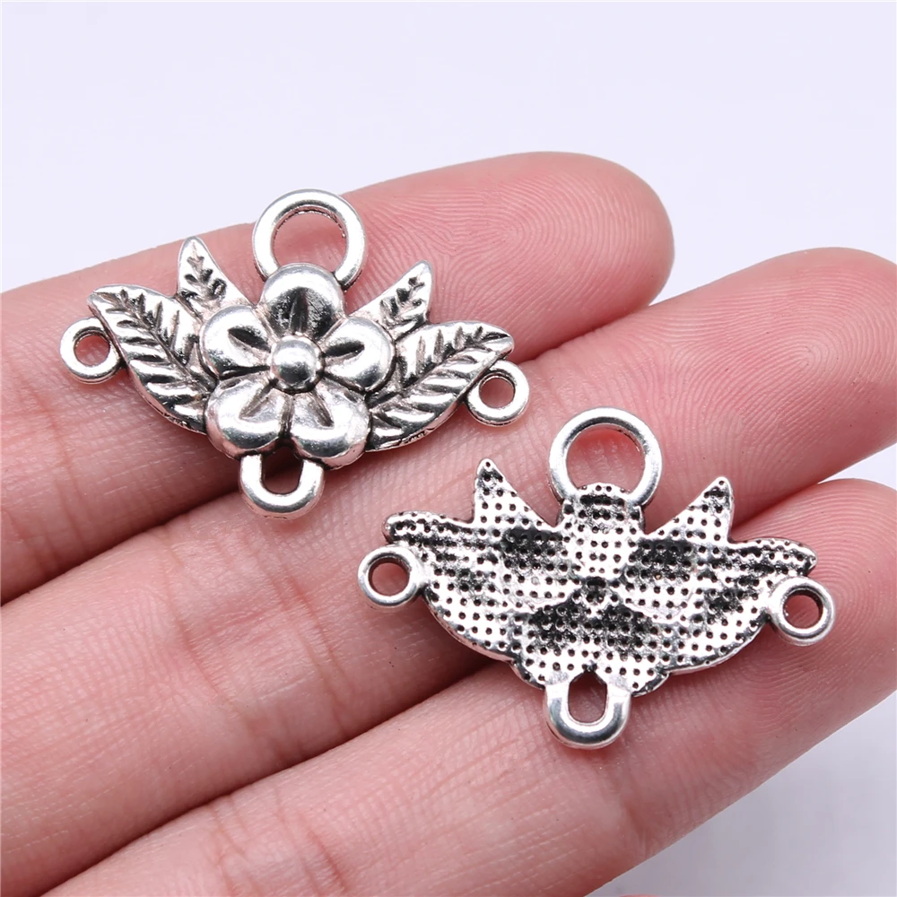 WYSIWYG 10pcs 32x23mm Flower And Leaf Connector Charms For Jewelry Making DIY Antique Silver Color Zinc Alloy Charms