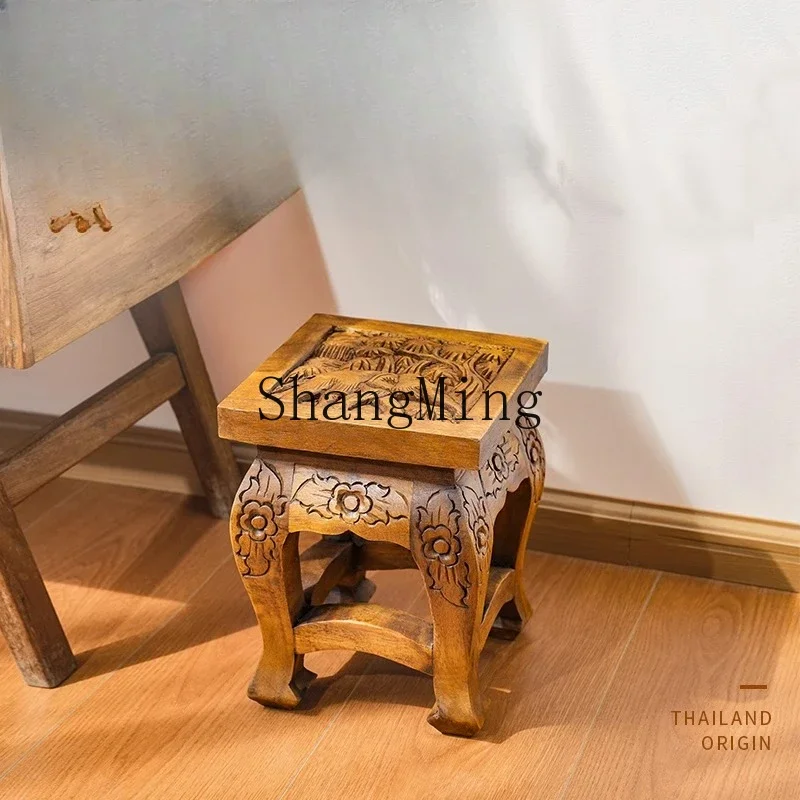 SM Exquisite Retro Solid Wood Carving Small Square Stool Household Coffee Table Wooden Bench Door Shoe Changing Stool