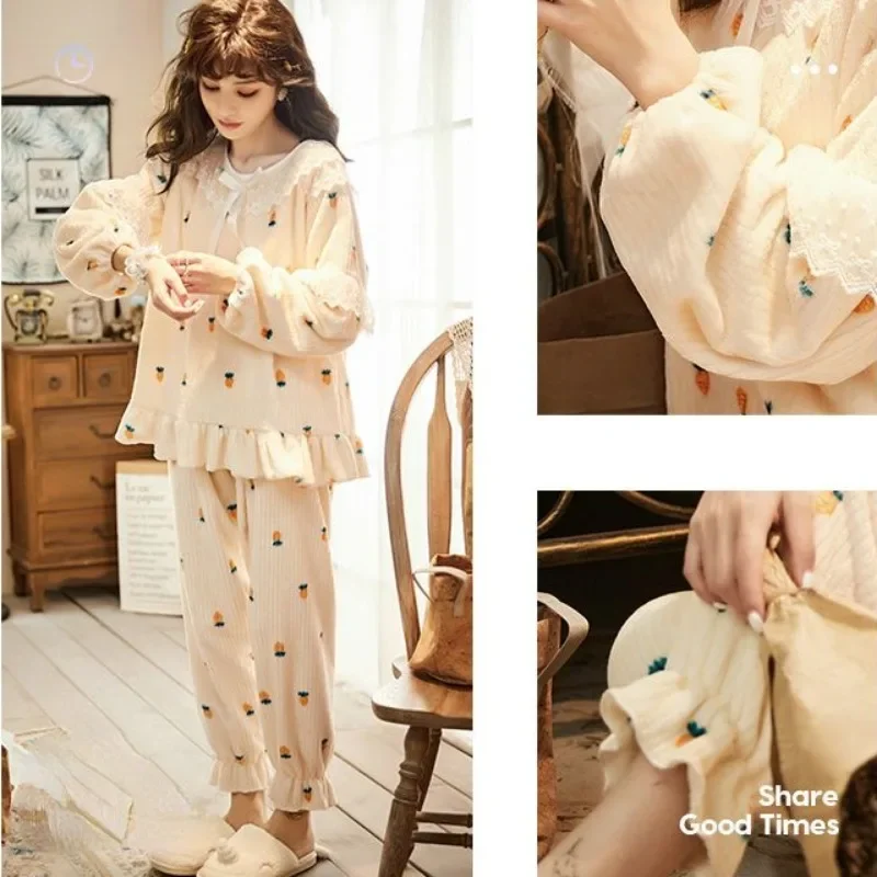 2024 New Coral Velvet Pajamas Women Winter Thickened Princess Style Loungewear Set Flannel Sweet Autumn Long Sleeved Homewear