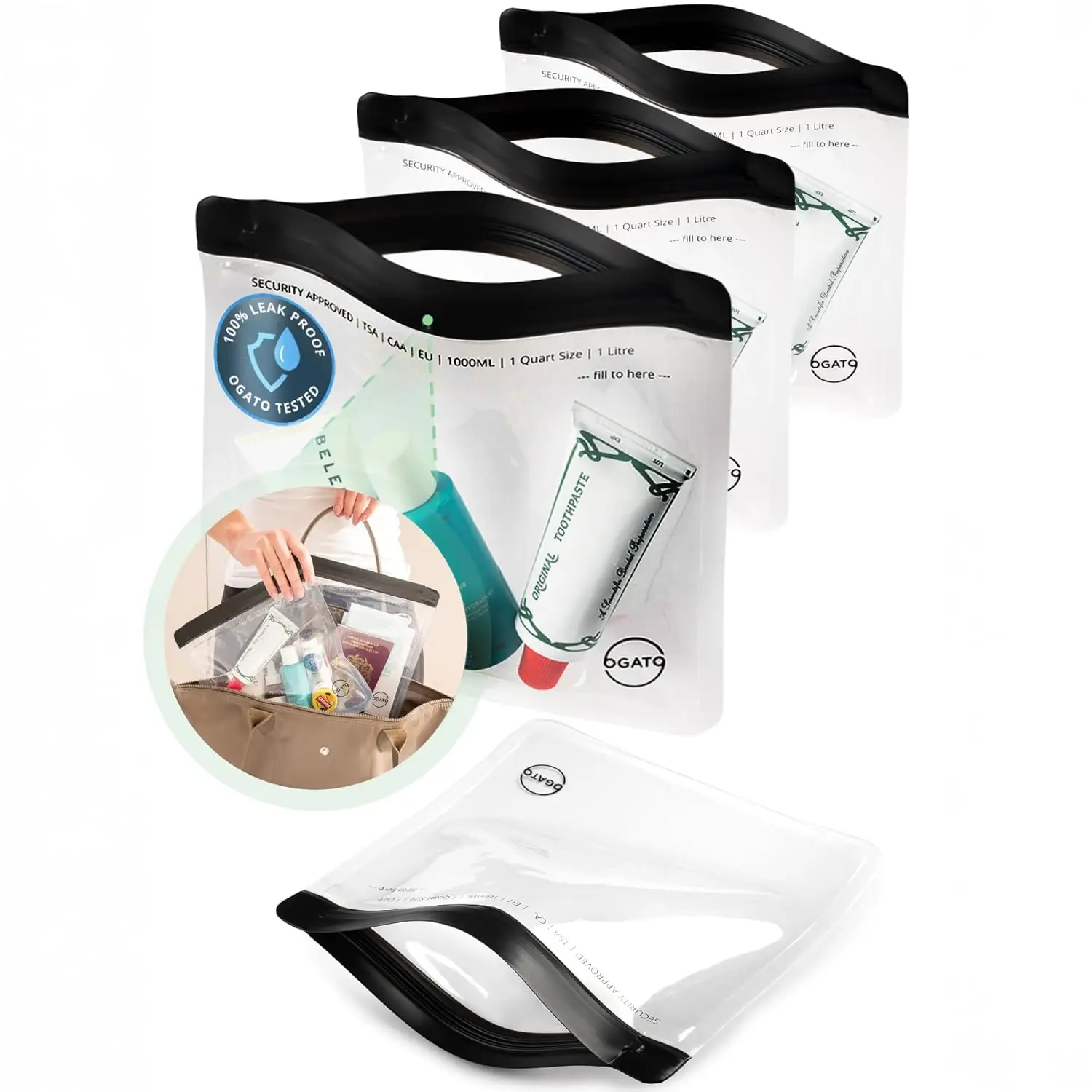 

3-Piece Clear TSA Approved Toiletry Bag Set, Quart Size for Liquids and Cosmetics, Worldwide Security Compliant Travel Bags