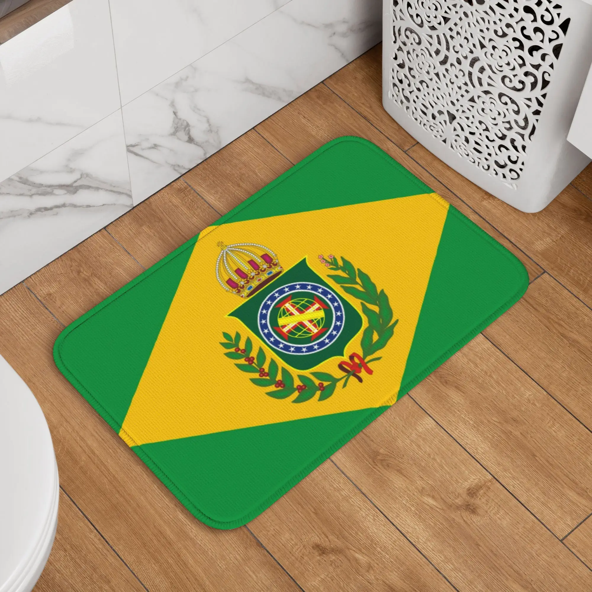 VIKAMA Rectangular Brazilian Empire Flag Floor Mat Vintage National Emblem Print Thick Sponge Non‑slip Absorbent Bathroom  Rug