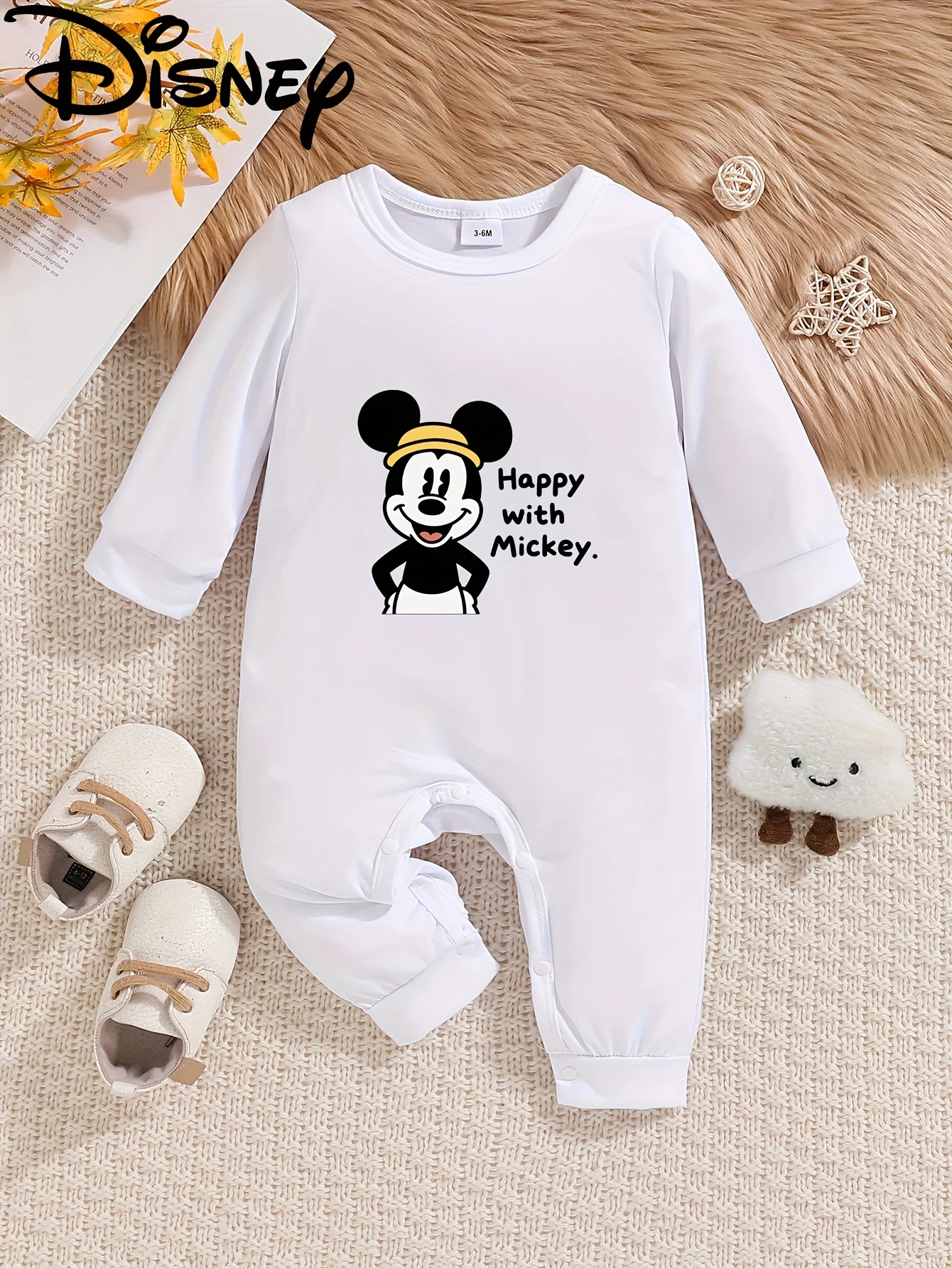 

【Осанторизованный】Детский комбинезон с длинными рукавами Disney Mickey Mouse, милый узор, круглый вырез, мягкий и удобный, можно стирать в машине, подходит для всех сезонов, подходит для уличного ношения