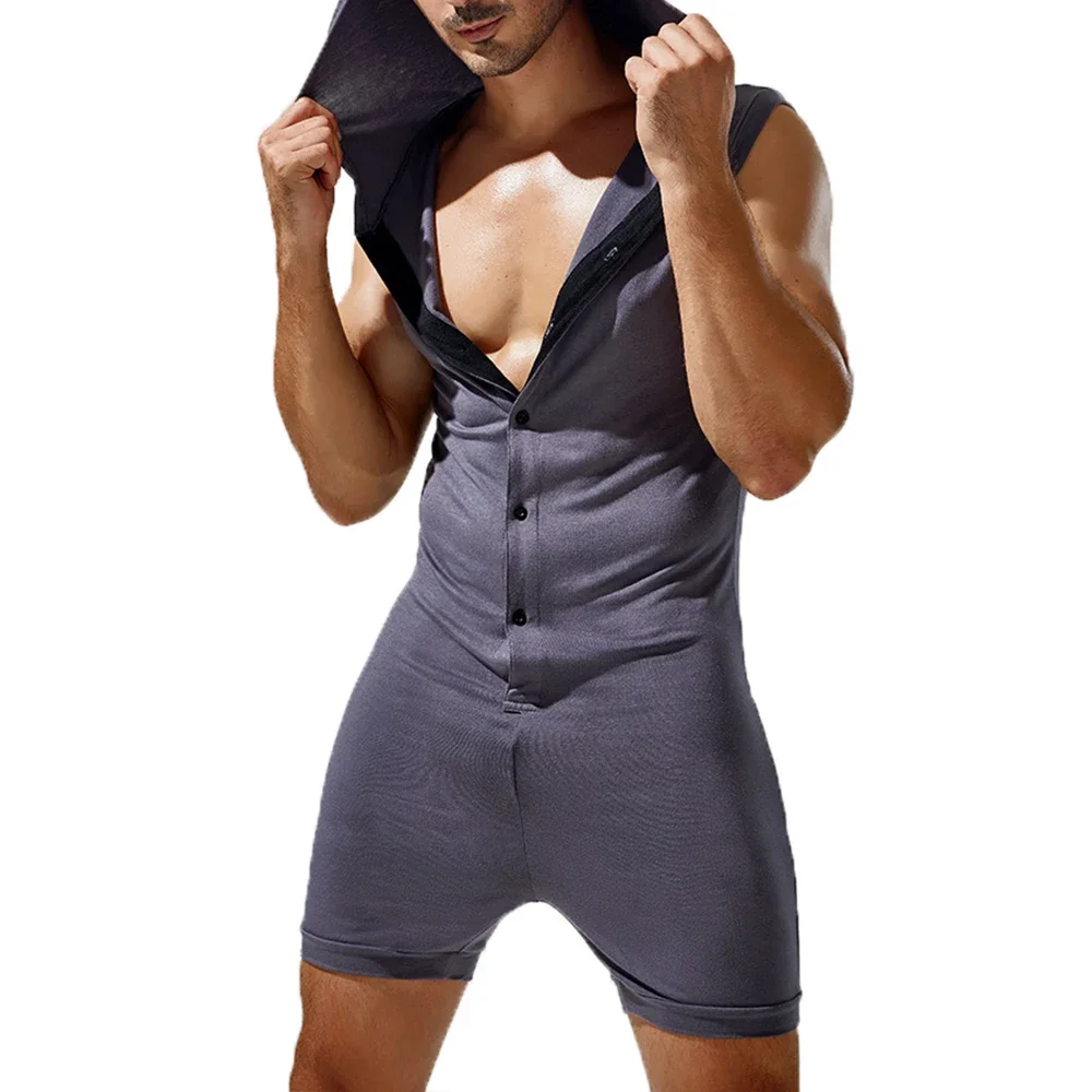 Men's Casual Sleeveless Jumpsuit Tracksuit Zipper Hooded Bodysuit Rompers Shorts Skinny Home Wear Solid Color Sleepwear Pajamas