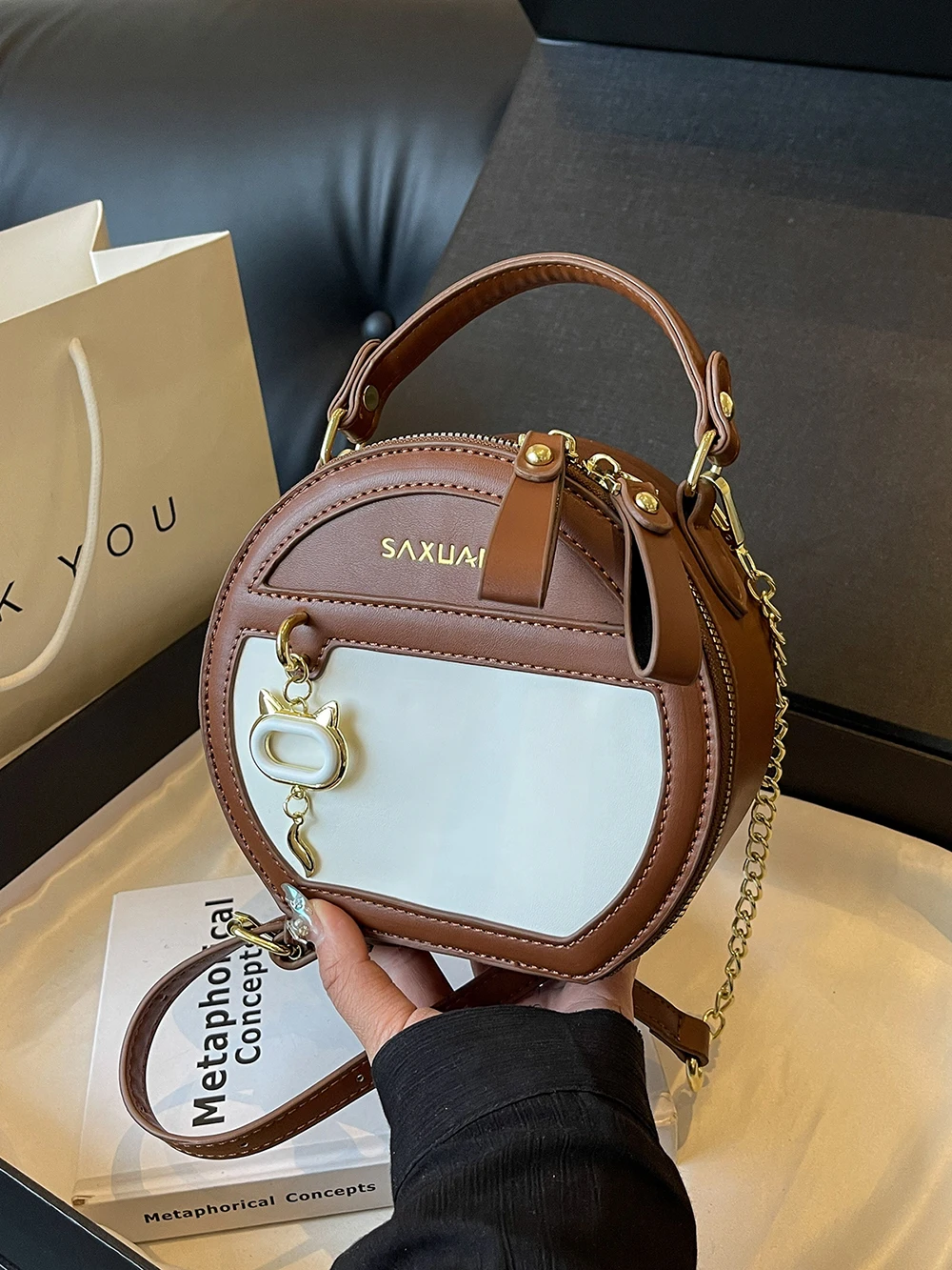 Contrast Color Round Bag Women Single Shoulder Bags 2024 New Exquisite Handbags Lady Commuter Phone Wallet Crossbody Bags