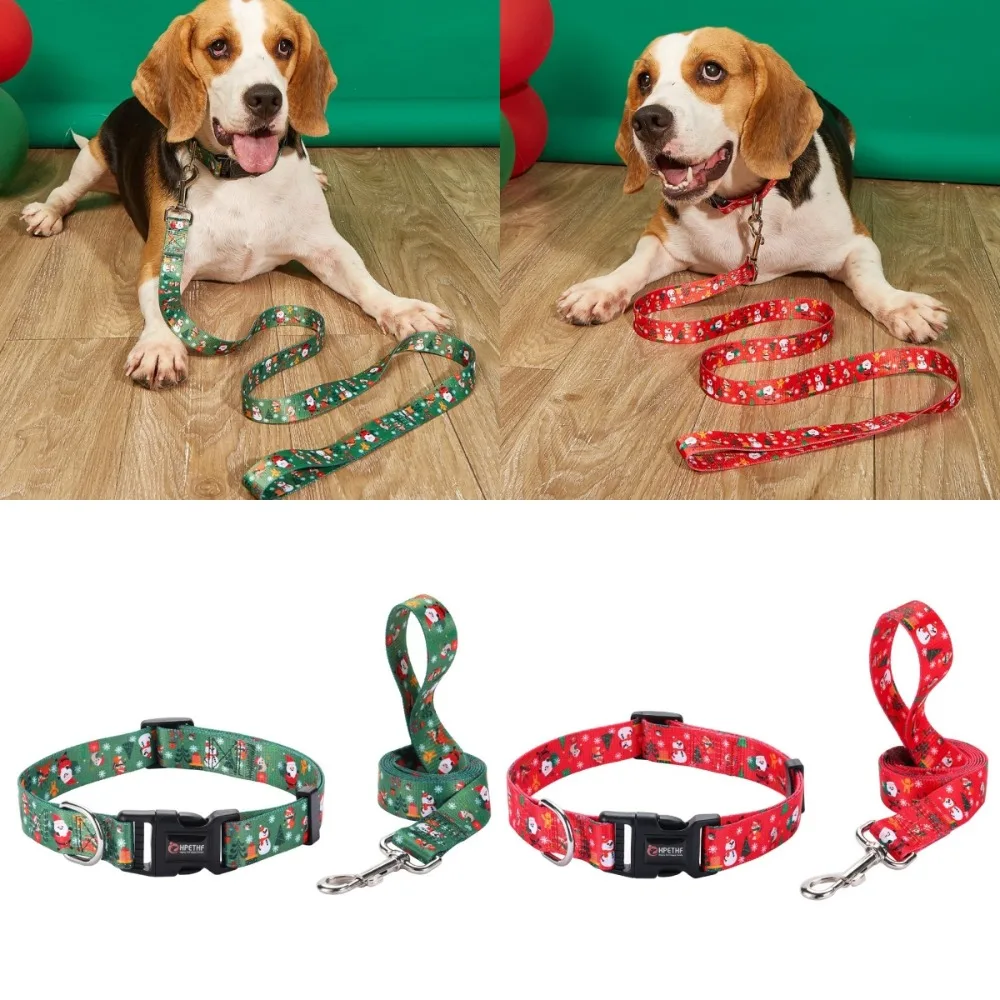 New Christmas Pet Collar Leash Set Snowman Santa Claus Pattern Red Green Dog Training Leash Adjustable Cat Collars for Puppy