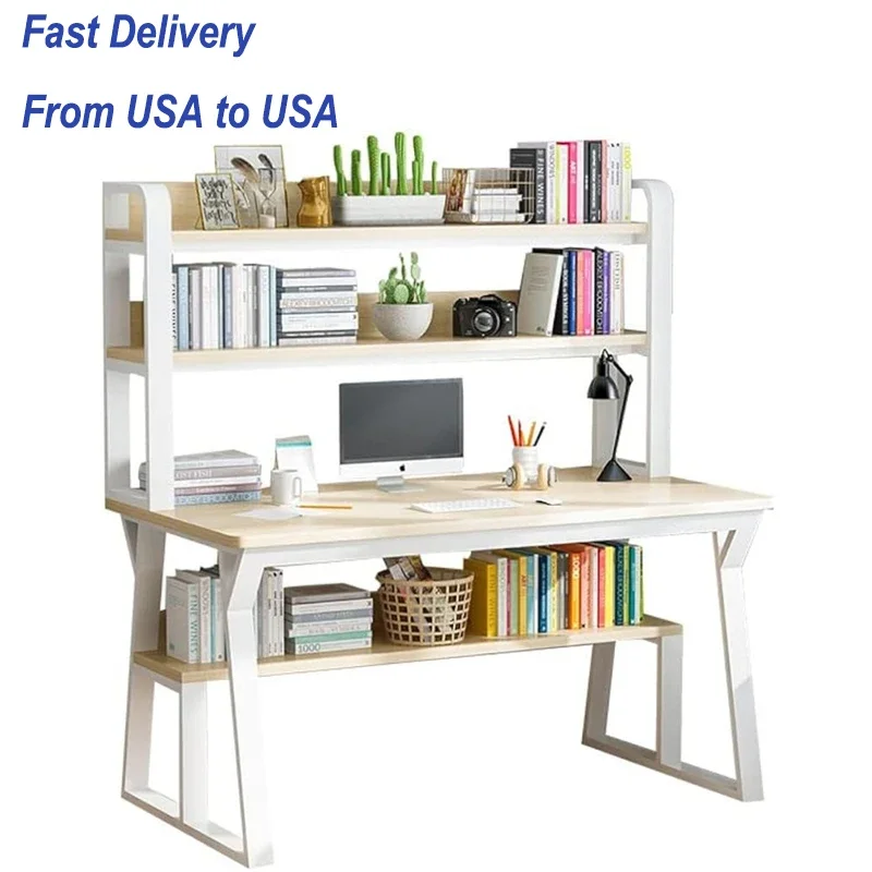 Computer Desk with 3 Tier Storage Shelves ，Wooden Desk Table with Bookshelf , Writing Desk for Study Work Office , Easy Assemble