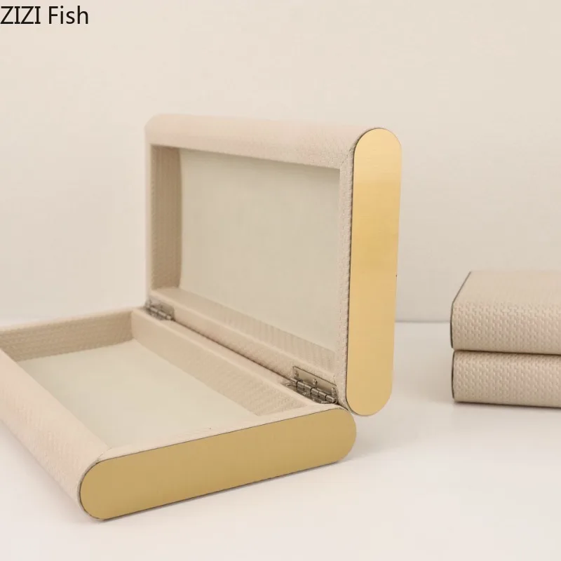 Beige Leather Metal Edged Storage Box Decorative Boxes Ornament Storage Bin Storage Organizer Jewelry Box Display Boxs Tray